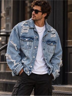 ASOS Design Men’s Oversized Distressed Denim Trucker Jacket Ripped Medium Wash S
